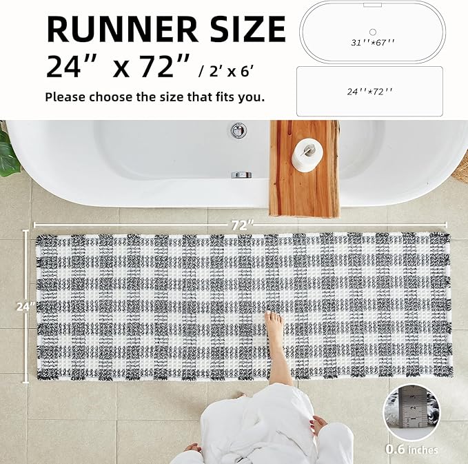 TYUU Waffle Runner Rug Bathroom, Long Boho Bathroom Rugs Non Slip Washable Absorbent Checkered Bathroom Mat Quick Dry Farmhouse Bath Mat, 72"x24" Black and White