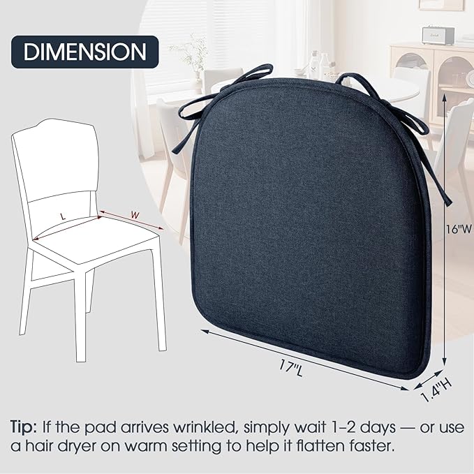 TushGuard Chair Cushions, 4 Pack Memory Foam Chair Pads, Seat Cushion, Kitchen Chair Cushions Set of 4, Anti-Slip Backing & Fixed Straps,Blue
