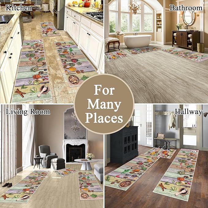 Vaukki Boho Kitchen Rug Sets 3 Pieces, Washable Kitchen Mats for Floor, Non Slip Soft Kitchen Area Rug Floor Mat for Kitchen, Laundry Room and Hallway (Spice-Colorful, 20''x32''+20''x47''+20''x59'')