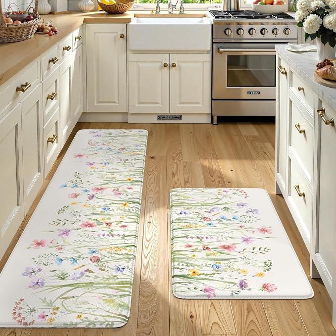 KIMODE Anti Fatigue Kitchen Mats for Floor 2 Piece, Cushioned Floral Kitchen Rugs, Memory Foam Kitchen Floor Mats, Summer Standing Desk Mats for Laundry Office Sink White 20"x71"+20"x32"