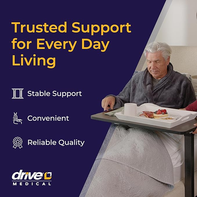 Drive Medical Overbed Table with Wheels - Secure Height Adjustment for Comfort - Non Tilt Surface - Smooth Rolling Design - Home & Hospital Use - Woodgrain Laminate Top - Silver Vein
