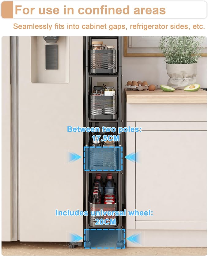 UMDONX Slim Storage Cart 5 Tier with Pull Out Basket Bathroom Organizer Rolling cart, Rolling Utility Cart Slide Out Organizer for Kitchen, Bathroom, Laundry Black