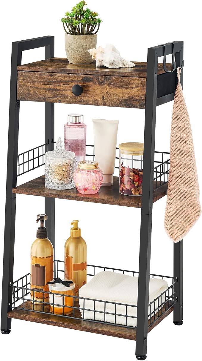 Gewudraw 3-Tier Ladder Shelf with Drawer, Bathroom Table Stand for Small Space, Bathroom Standing Shelves with Storage for Living Room Bedroom Kitchen, Organizer Shelf, Rustic Brown