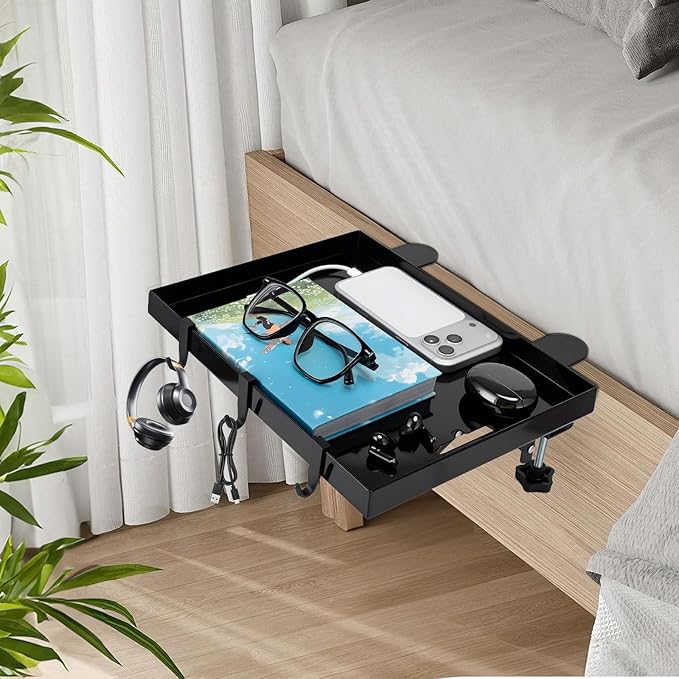 Bunk Bed Shelf, Dorm Bed Shelf, Foldable Bedside Shelfs, Bedshelfie, Heavy Duty Metal Floating Nightstand Beds Tray Table Tray Organizer Tray with 3 Cord Hole(Black)