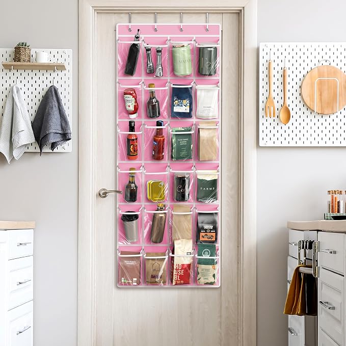 Simple Houseware 24 Pockets Large Clear Pockets Over The Door Hanging Shoe Organizer, Pink (56" x 22.5")