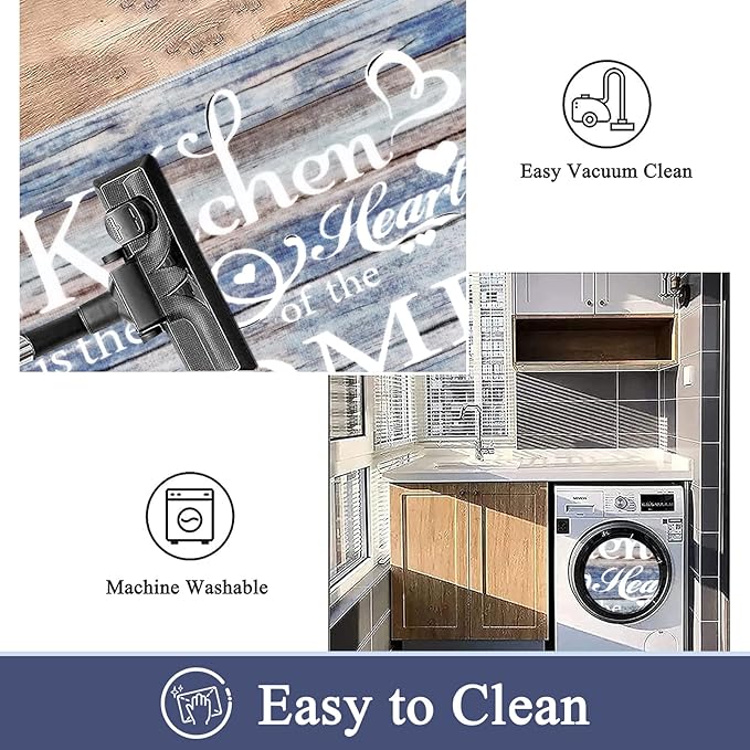 Vaukki Boho Kitchen Rug Sets 3 Pieces, Washable Kitchen Mats for Floor, Non Slip Soft Kitchen Area Rug Floor Mat for Kitchen, Laundry Room and Hallway (Blue and Brown, 20''x32''+20''x47''+20''x59'')