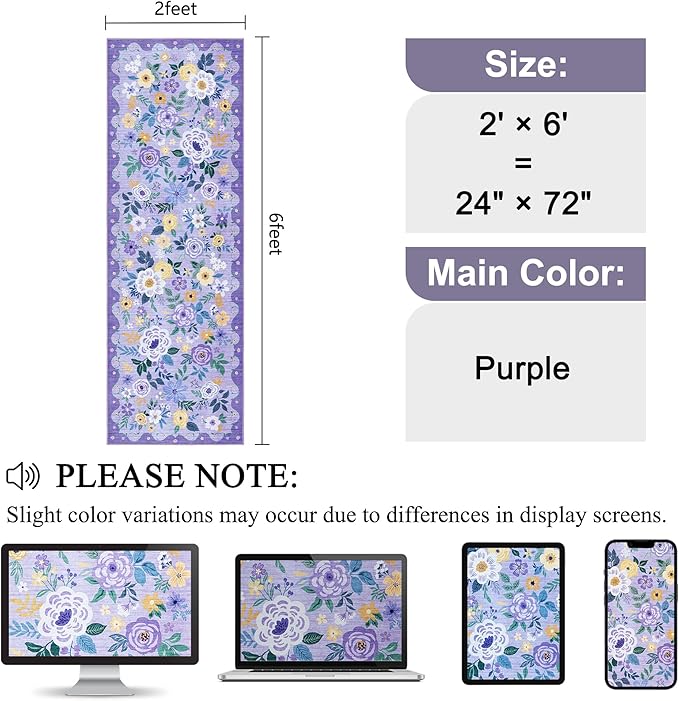 DUKINO 2x6 Runner Rug for Hallway, Washable Kitchen Rug with Non Slip Backing, Low Pile Soft Boho Floral Runner for Kitchen, Hallway, Entryway, Laundry, Bedroom, Purple