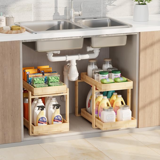 APRTAT 2 Pack Under Sink Organizer, Bamboo Wooden 2-Tier Pull-Out Storage with Sliding Drawers for Kitchen and Bathroom Cabinets, Easy Installation (Natural, 2 Packs)