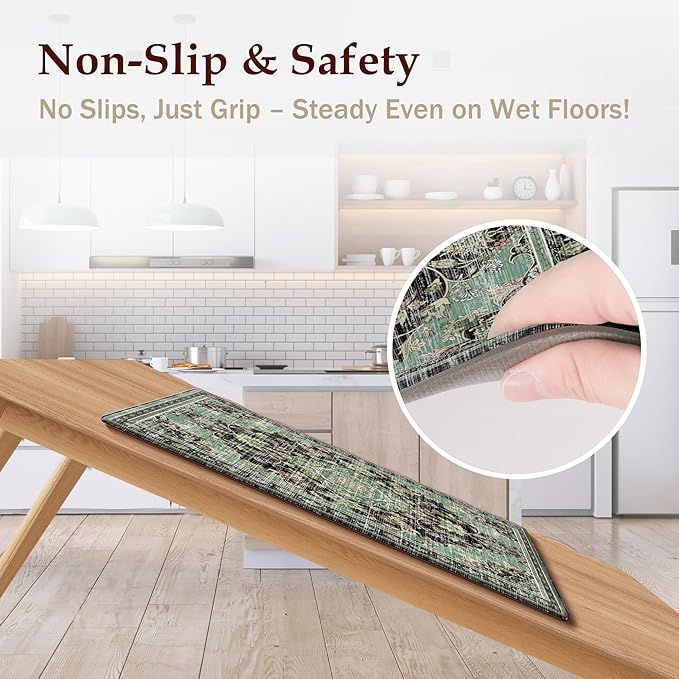 Boho Kitchen Mats for Floor 2 Piece Set Anti Fatigue Cushioned PVC Kitchen Rugs Non Slip Waterproof Farmhouse Mats 2/5 Inch Comfort Standing Mat for Sink, Laundry, 17.3"x59"+17.3"x28", Black Green