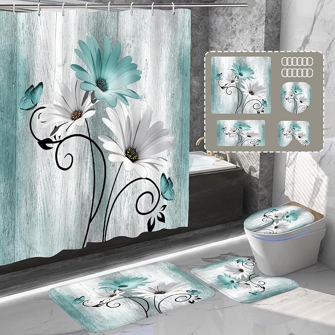 Onalasyc 4PCS Teal Daisy Country Farmhouse Shower Curtain Set with Shower Curtain and Carpet and Accessories, Waterproof Bathroom Shower Curtain Decorative Set with 12 pcs Hooks,71 x 71in