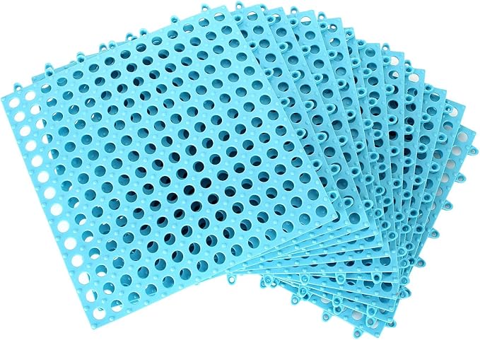 12 Pack 11.8" x 11.8" Interlocking Floor Tiles with Drain Holes Soft PVC Non Slip Shower Floor Mat Modular Interlocking Cushion Mat for Drain, Pool, Patio, Balcony, Kennel, Poultry, Floor Grid, Blue