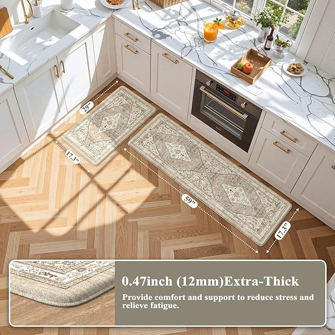 Collive Farmhouse Anti Fatigue Kitchen Mat, Cushioned Kitchen Rug Sets of 2 Waterproof Non Slip Kitchen Floor Mats Ergonomic Comfort Standing Mat for Laundry, Office, Sink, Desk, Taupe