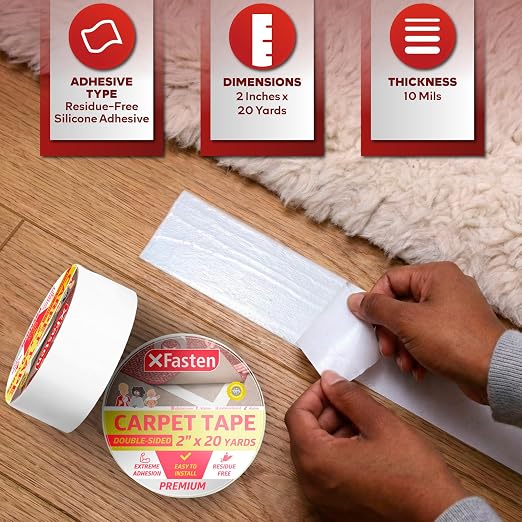 XFasten Carpet Tape Double Sided - Heavy Duty 2” x 20 yds Gentle on Surface Double Sided Carpet Tape for Area Rugs Over Carpet for Hardwood Floors, Corner Rug Tape for Carpet to Carpet