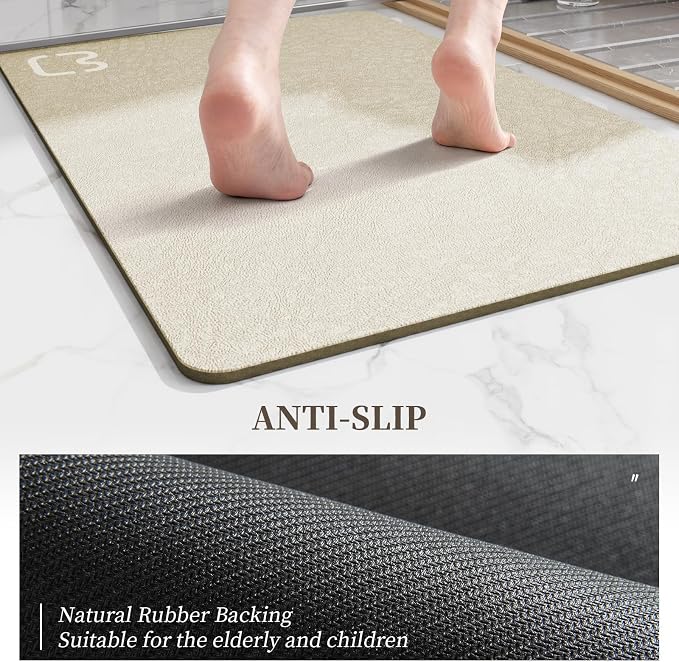 RUERYA Diatomaceous Earth Bath Mat Super Absorbent Diatomite Stone Bath Mats for Bathroom Non Slip Rubber Backed Quick Drying Thin Bathroom Rugs Floor Mat, Machine Washable, 17" x 27.5", Beige
