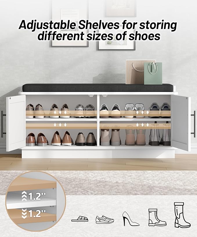 Akxomel Fluted Shoe Storage Bench with Cushion, 39.4" Entryway Bench with Adjustable Shelves and 2 Doors, Shoe Cabinet Bench with Curved Profile, for Hallway, Living Room, Bedroom, White