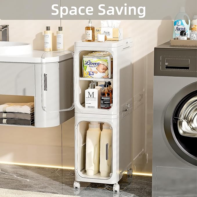JOYZAN Narrow Bathroom Storage Cabinet with Movable Wheels, Slim Storage Cabinet with 2 Doors & Removable Panel, Skinny Bathroom Organizers and Storage for Small Space, Corner, Kitchen, Laundry