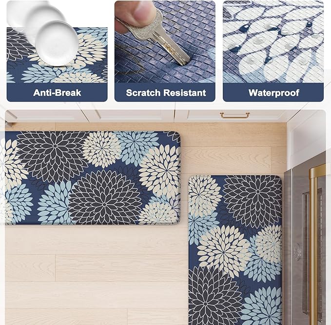 Anti Fatigue Kitchen Mats 2PCS,Boho Dahlia Kitchen Rugs Non Slip Rubber Backing,Farmhouse Waterproof Kitchen Mat for Floor,Cushioned Standing Mat for Kitchen,Sink,Desk,Mutil-Blue