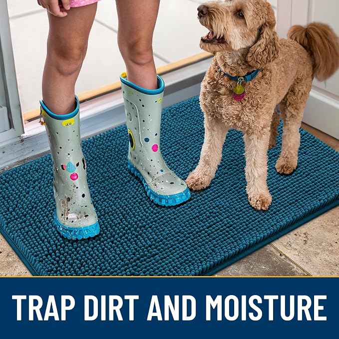 Smiry Dog Door Mat for Muddy Paws 70x24, Absorbent Dirt Trapper, Non-Slip Washable Chenille Entryway Rug for Inside Floor, Atlantic Blue, Classic Solid