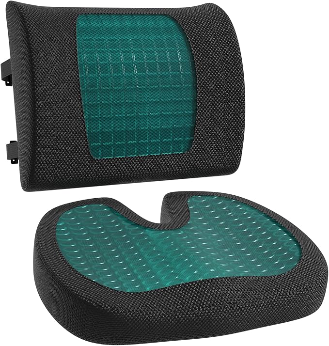 Amazon Basics Comfortable Seat Cushion & Lumbar Support for Office Chairs, Gel Enhanced Memory Foam, Non-Slip, Cooling, Portable, Pack of 2, Rectangular, Black