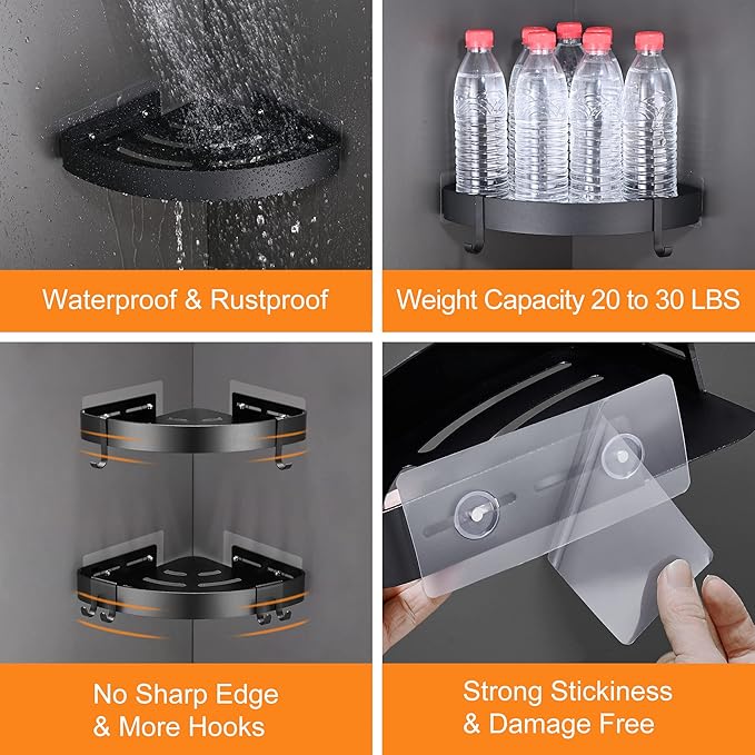 DUFU Adhesive Corner Shower Caddy with Hooks,Bathroom Shower Organizer, No Drilling Rust Proof Aluminum Shower Shelf for Inside Shower 2 Pack (Black)