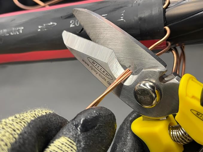 Miller KS‑3 Angle‑Head Kevlar Scissors & Cable Cutter – Fiber Optic Shears with Crimper, Micro‑Serrated Stainless Steel Blades, Cuts Copper & Aluminum Wire