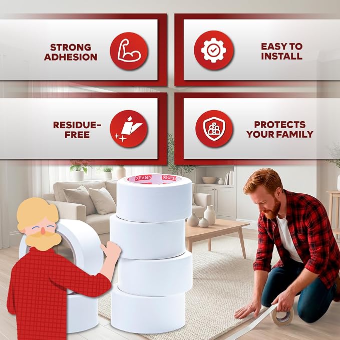 XFasten Double Sided Carpet Tape for Area Rugs - Heavy Duty Residue-Free Rug Tape for Area Rugs and Hardwood Floors, Indoor and Outdoor - 2 Inch by 10 Yards (6-Pack / 180-feet Total)