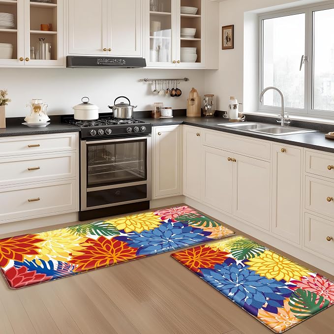 Arenarug Kitchen Mats for Floor 2PCS Cushioned Anti Fatigue Kitchen Mats Waterproof Non Slip Kitchen Mat Rug Set Comfort Foam Standing Mat for Sink, Laundry, Office,17.3" x 28" + 17.3" x 47", Colorful