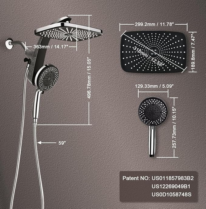 BOZYBO Rain Shower Head with Handheld: High Pressure Shower Heads with Handheld Spray Combo, 12" Rainfall Shower Head and 9 Sprays Hand Showerheads with Magnetic Docking and Power Jets, Silver