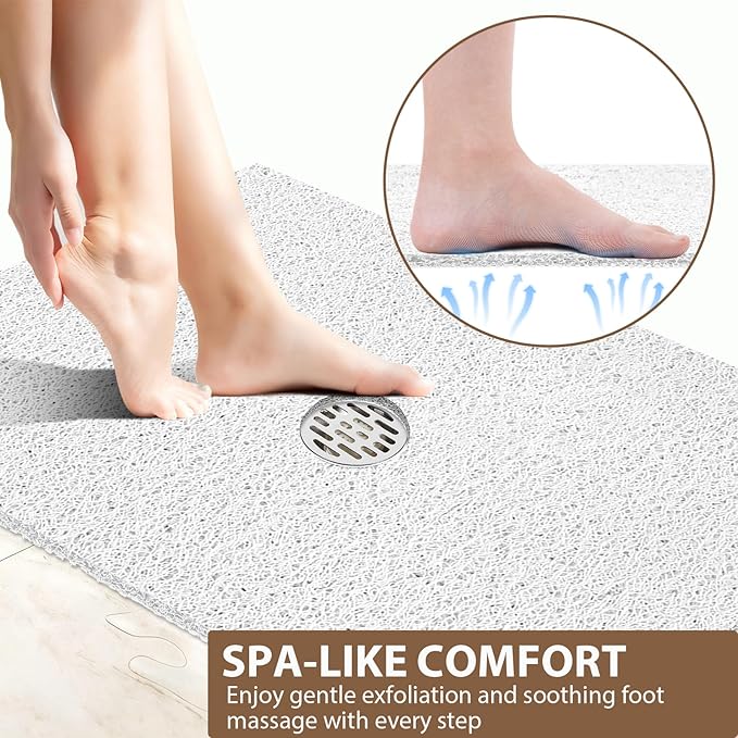 Extra Large Non Slip Shower Mat: 59x35.4 inch Loofah Shower Mat for Inside Shower with Drain Hole in Middle, Soft PVC Anti-Slip Shower Stall Mats for Bathroom,Wet Area, Quick Drying