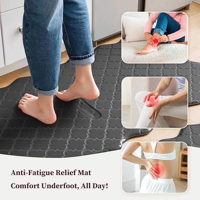 Arenarug Upgrade Scalloped Embossed Kitchen Mats for Floor 2PCS Cushioned Anti Fatigue Waterproof Foam Kitchen Rugs Non Slip Washable Comfort Standing Mat for Sink Laundry, 17.3"x30"+17.3"x59", Black