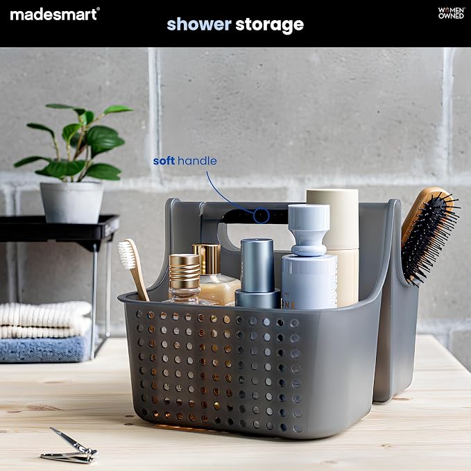 madesmart Large Portable Shower Caddy, Hold Soap, Shampoo, Hair Supplies and Beauty Products, Cleaning Supplies Organizer for Home, Dorm, Plastic Shower Tote, Soft Handle, Carbon