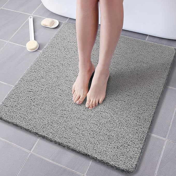 Shower Mat Non Slip Without Suction Cups 24x24 inch, PVC Loofah Bath Mat for Textured Tub Surface,Shower,Bathroom, Quick Drying (Grey)