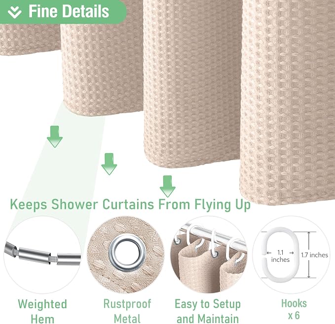 Dynamene Stall Fabric Shower Curtain - 36x72 Waffle Weave Weighted Cloth Shower Curtains for Bathroom, Neutral Heavy Duty Hotel Spa Luxury Bath Curtain Set with 6 Plastic Hooks, Rose