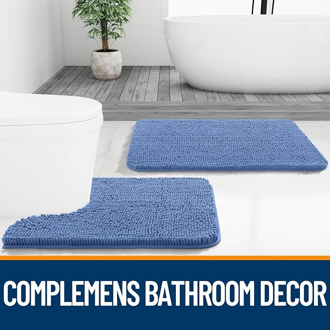 OLANLY Bathroom Runner Rugs 44x24, Soft Absorbent Chenille Bath Rugs, Rubber Backing Quick Dry, Machine Washable Long Bath Mats for Bathroom, Tub and Shower, Home Decor Accessories, Cornflower Blue
