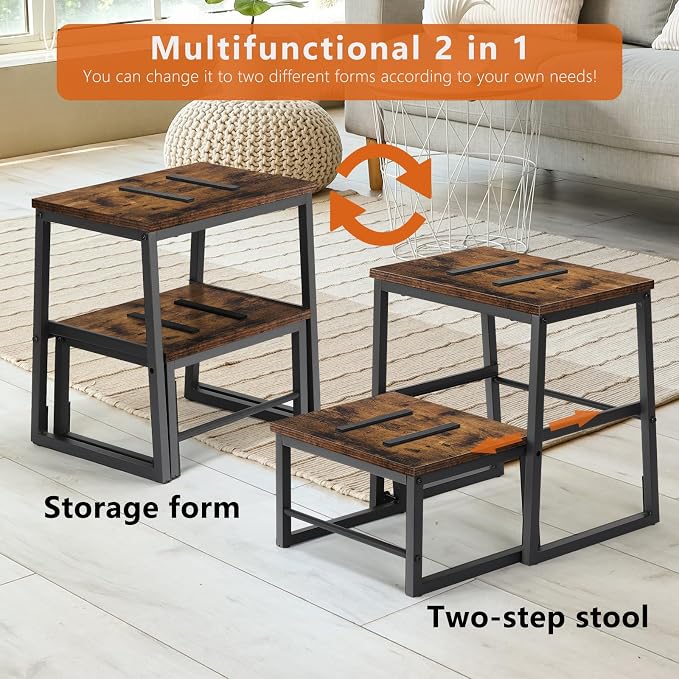 LIANTRAL 2 Step Stools for Adults & Kids, Heavy Duty 2-in-1 Stepping Stools Adjustable Retractable Wooden Stool, Metal Frame, Non-Slip Bedside Foot Stool, for Bed, Kitchen, RV Step - Rustic Brown