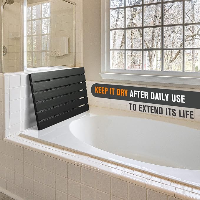 Bath Mat for Bathroom Luxury Shower - Non-Slip Bamboo Wooden Waterproof Floor Mat for Indoor or Outdoor Use(Black)