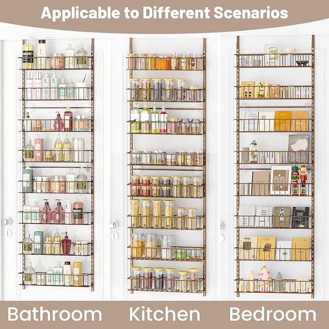 ElegantArray 8-Tier Pantry Door Oragnizer, Over The Door Pantry Organizer Rack and Storage, Hanging Spice Rack Shelves Door, Home Office Laundry Room Bathroom & Kitchen Organization, Brown