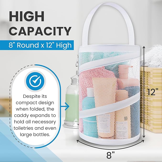 Handy Laundry Portable Shower Caddy – Foldable Mesh Organizer with Handle, Quick Dry, Large Compartments, Drainage Hole, Ideal for Dorm, College, Gym, Travel, Camp – White