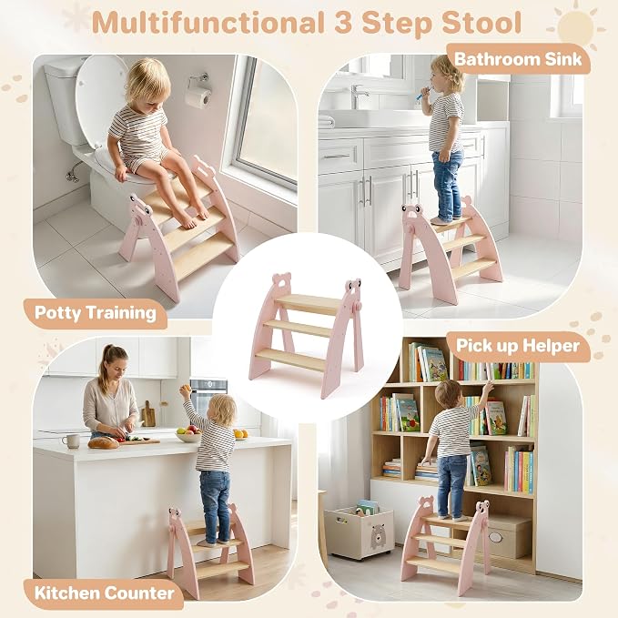 Step Stool for Toddlers, 3-Step Kids Step Stool for Bathroom Sink, Foldable Toilet Potty Training Bamboo Wooden Stool with Handles and Non-Slip Pads for Bedroom, Kitchen Stool Helper, Pink