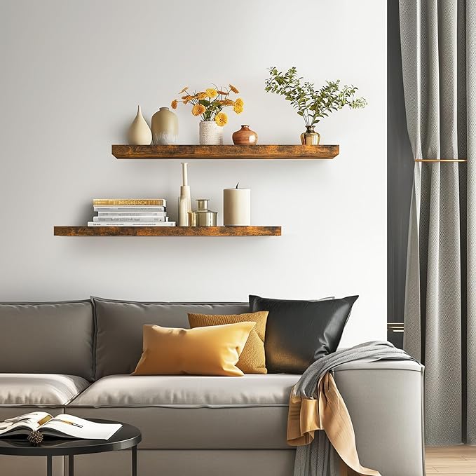 BAYKA Floating Shelves Set of 2, 35.4 inches Long Wall Mounted Rustic Wood Shelves for Bathroom, Bedroom, Living Room, Kitchen, Office, Hanging Shelf for Books/Storage/Decor, Rustic Brown