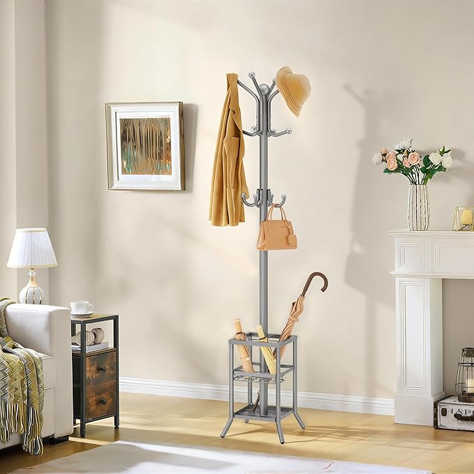 FAVOOSTY Coat Rack Freestanding,Coat Rack Stand with Umbrella Holder,Metal Coat Tree with 12 Hooks,Tree Clothes Hat for Entryway, Hallway, Bedroom, Living Room & Office - Silver Grey
