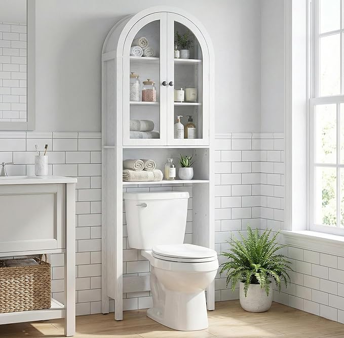 White Over The Toilet Storage Cabinet with Acrylic Doors, 4 Tier Small Bathroom Shelf Organizer, Arched Bathroom Cabinet with Adjustable Shelf, Slim Narrow Toilet Rack, Wood, Anti-Tipping Device