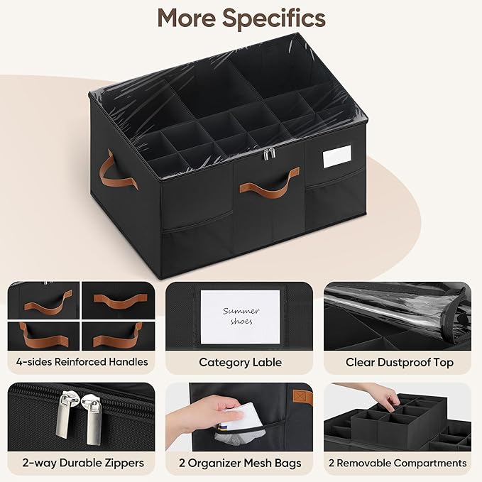 Shoe Organizer for Closet, 2 Pack Shoe Storage Containers with Adjustable Dividers, Space Saving Shoe Box Storage Organizers Bins with Clear Lid & 4 Handles, Fits 24-48 Pairs, Black