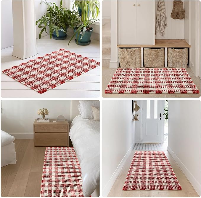 TYUU Waffle Runner Rug Bathroom, Long Boho Christmas Bathroom Rugs Non Slip Washable Absorbent Checkered Bathroom Mat Quick Dry Cute Bath Mat, 72"x24" Red and White