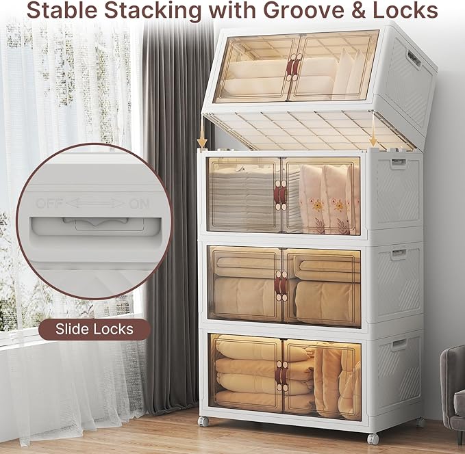 UAMFURI Stackable Storage Bins with Lids, 720QT Closet Organizers and Storage with Doors and Wheels, Extra Large Storage Cabinet, Collapsible Plastic Drawers for Bedroom Dorm Office Garage