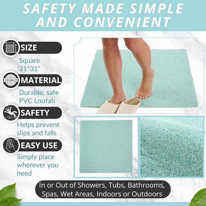 ENKOSI Square Shower Mat - Non Slip Shower Mats for Inside Shower - Extra Large 31x31 - Aqua Green