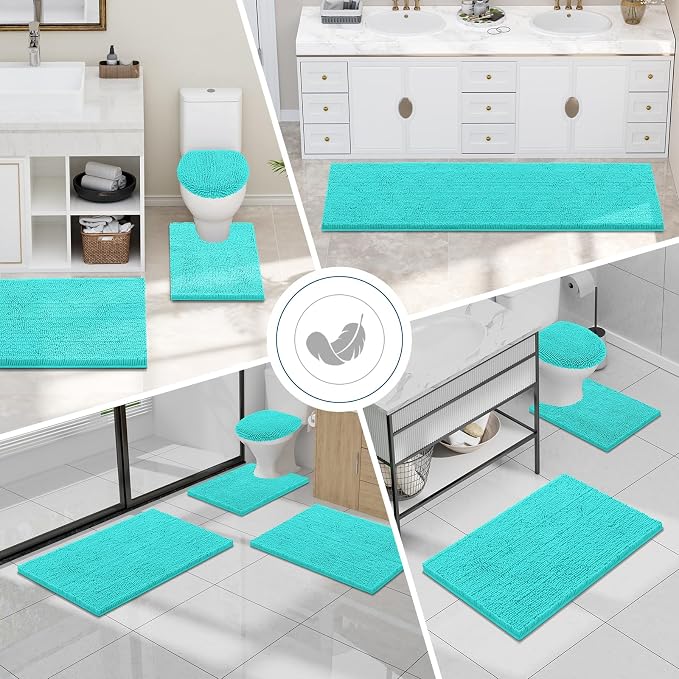Smiry Luxury Chenille Bathroom Rugs 40x32, Extra Soft and Absorbent Shaggy Bath Mat, Machine Washable, Non-Slip Plush Carpet Runner for Tub, Shower, and Floor, Home Decor Accessories, Turquoise