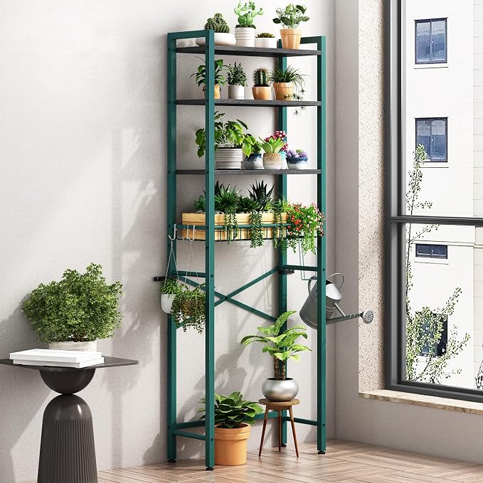 Kalrin Over-The-Toilet Storage Rack, 4-Tier Bathroom Organizer Shelf Over Toilet with Adjustable Shelf and Basket, Freestanding Space Saver Bathroom Shelves Above Toilet for Room (Green- Black)