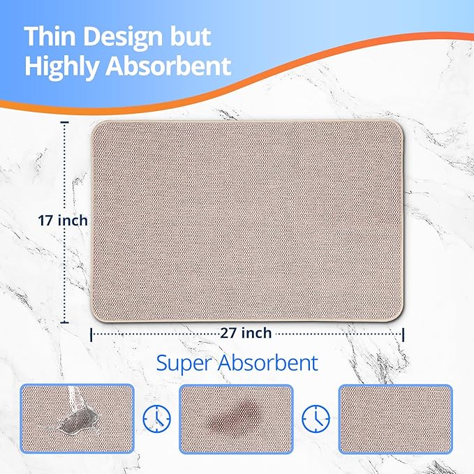 Upgraded Bath Mat 17x27Inch, Thin Bath Mats Rugs with Rubber Backing Non-Slip, Absorbent,Quick Dry Machine Washable, Home Decor Accessories Cozy Cloth Bathroom Rugs fit Under Door/Sink/Tub-Biege