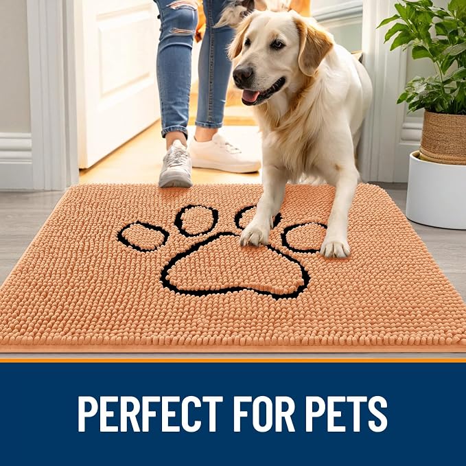 OLANLY Dog Door Mat for Muddy Paws 48x30, Paw Print Design, Absorbs Moisture and Dirt, Absorbent Non-Slip Washable Doormat, Quick Dry Chenille Mud Mat for Dogs, Entry Indoor Entryway Carpet, Orange